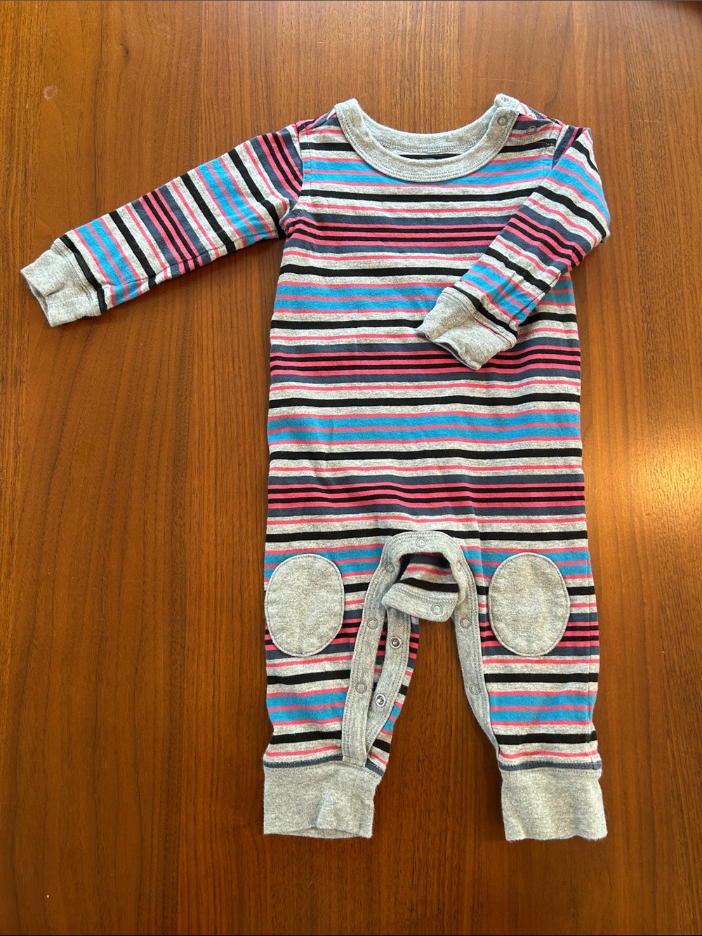 Striped Long-Sleeve Cotton Baby One-Piece in Gray, Pink & Blue